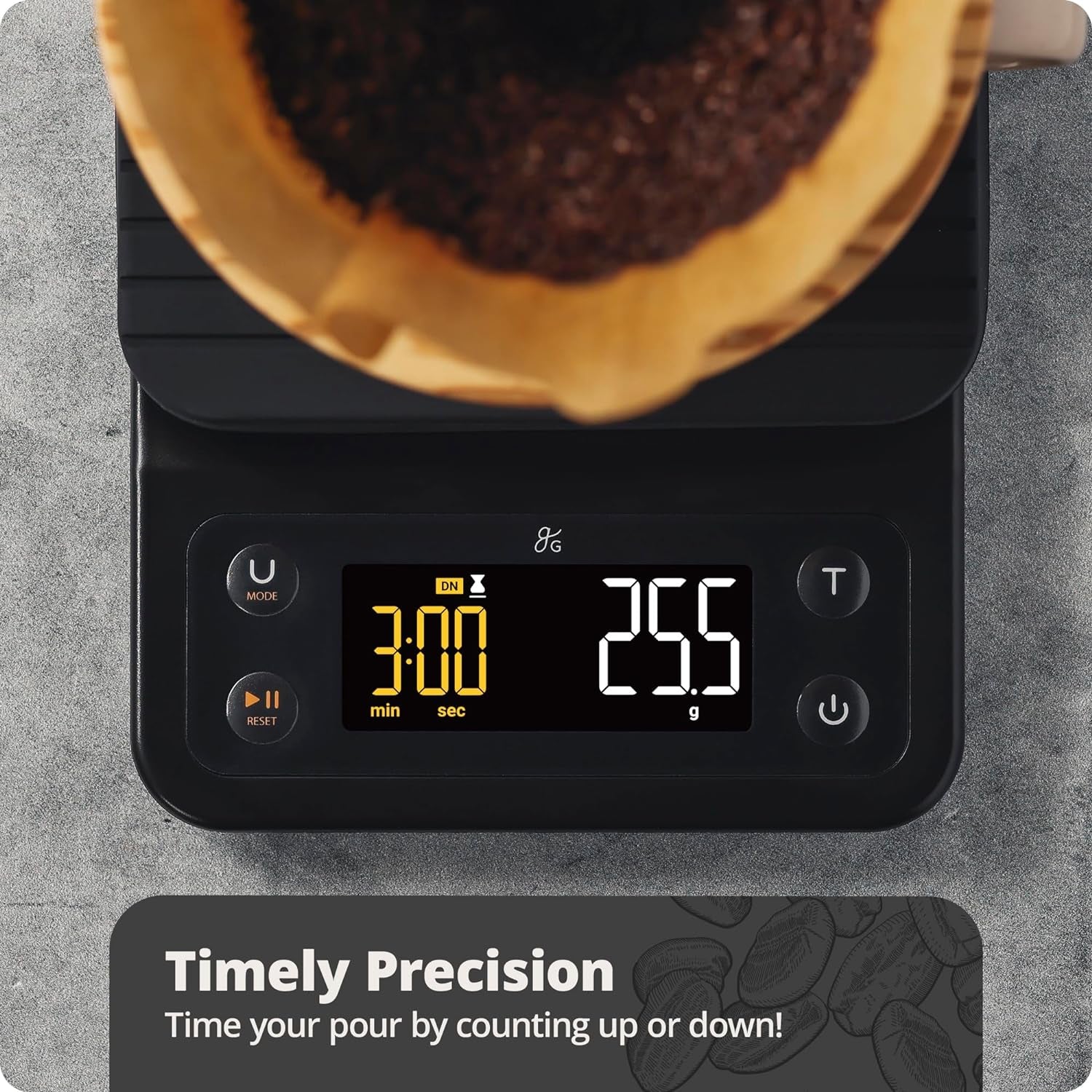 Digital coffee scale with timer in onyx black, perfect for pour-over coffee, featuring real-time refresh, tare function, and spill-proof design.