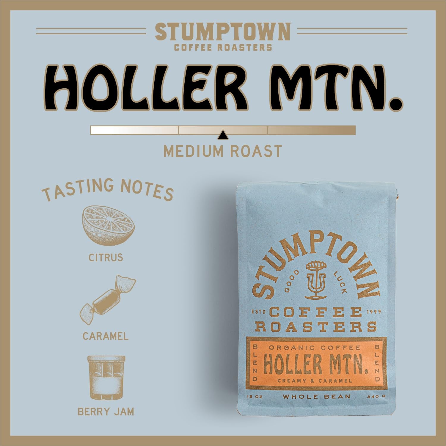 Medium roast organic whole bean coffee, Holler Mountain coffee with citrus, caramel, and hazelnut notes, direct trade Arabica coffee, Stumptown organic coffee bag, 12 oz whole bean coffee.