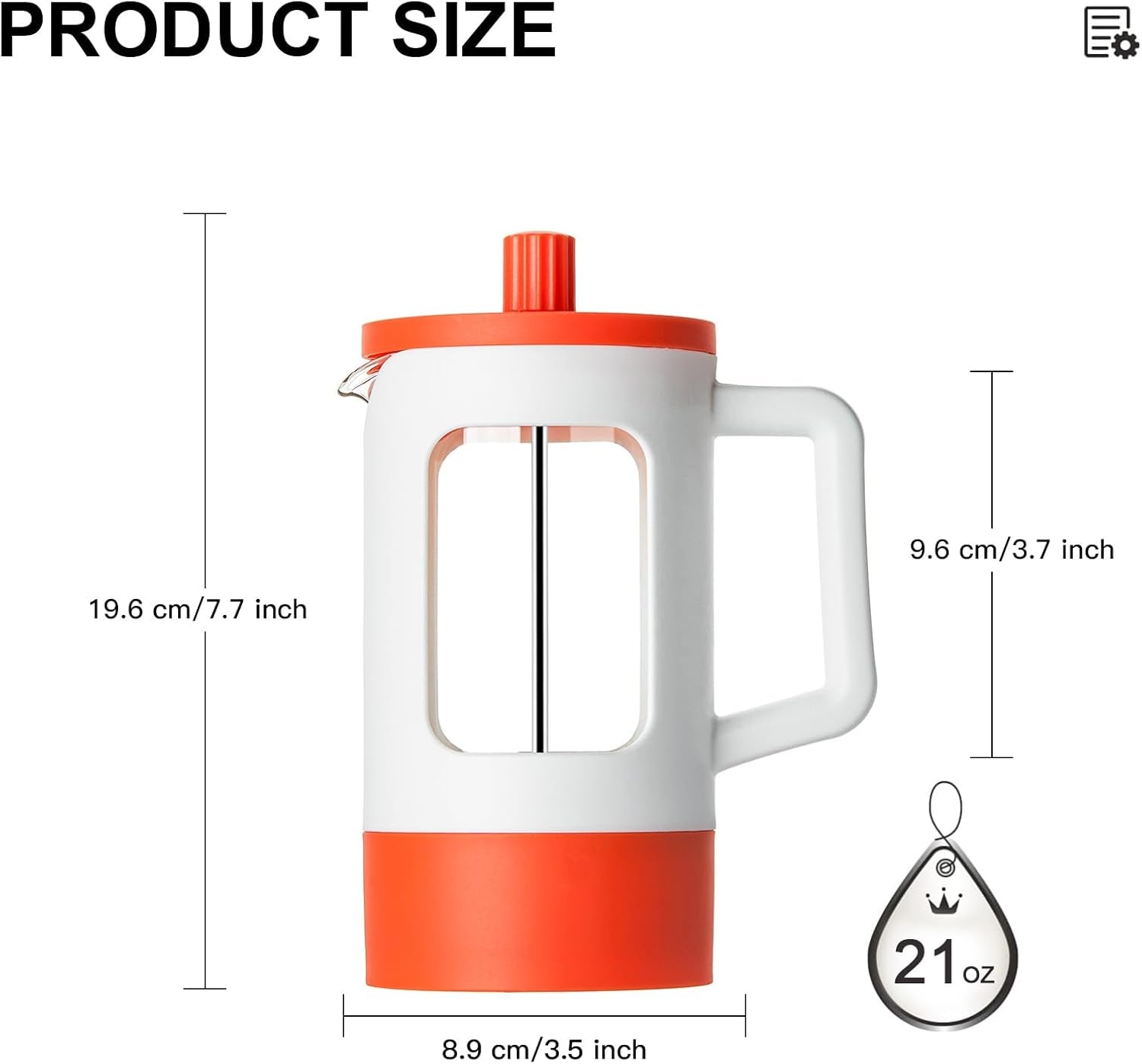 21Oz French Press Coffee Maker, 2 cup heat-resistant glass French press, 4-level filtration coffee maker, portable cold brew coffee press, white and orange French press