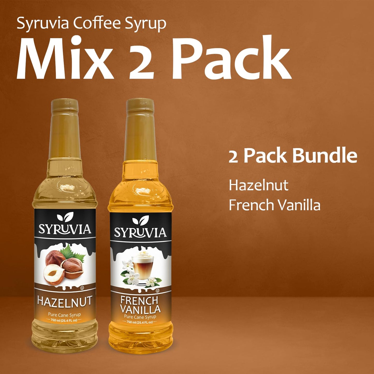 Hazelnut coffee syrup, French vanilla syrup, premium coffee syrups, kosher coffee syrups, gluten-free syrup, Syruvia flavoring syrups