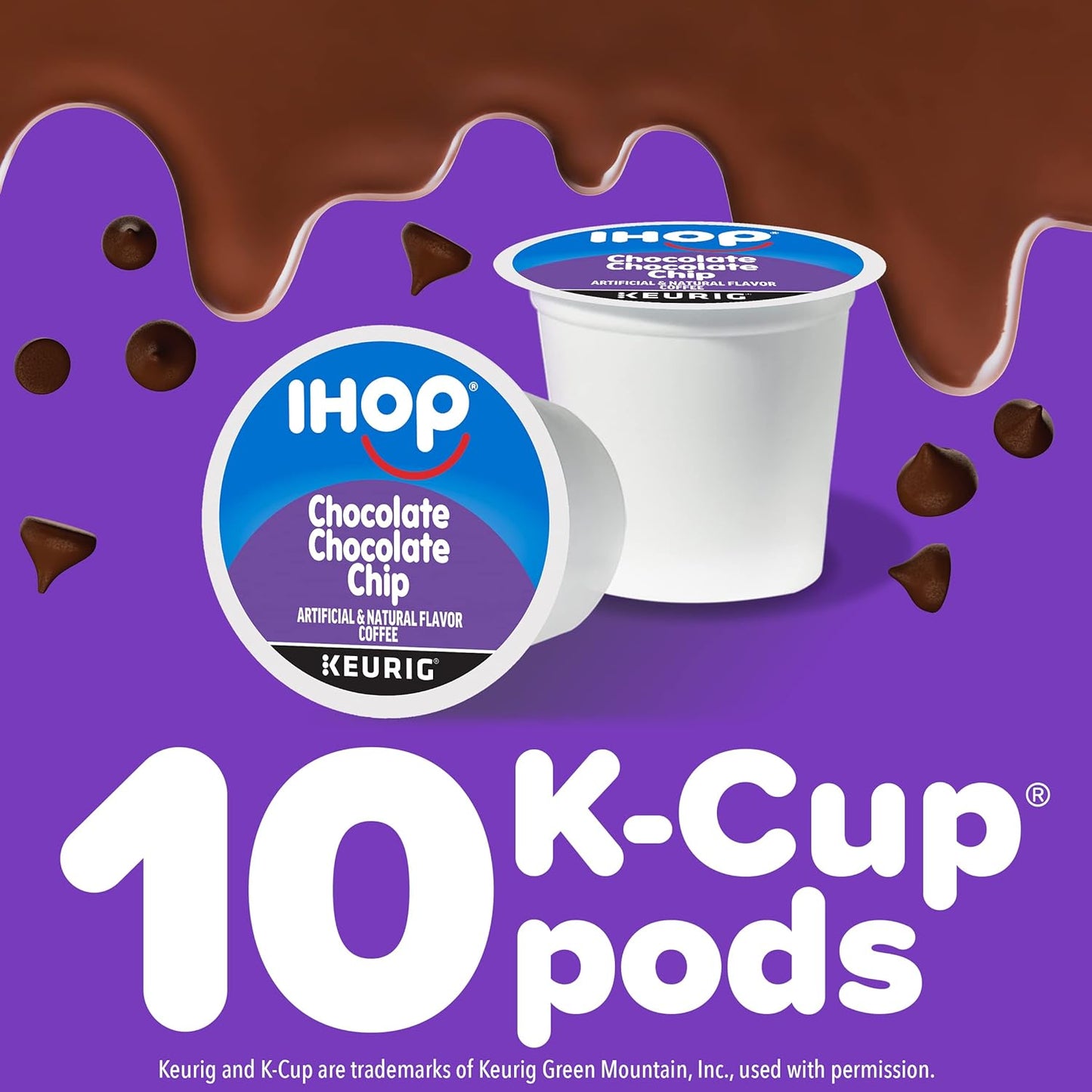 IHOP Chocolate Chip Keurig K-Cup Coffee Pods, IHOP coffee pods 10 count box, chocolate chip flavored coffee pods, IHOP chocolate coffee, recyclable coffee pods, premium Arabica coffee pods, IHOP pancake inspired coffee, single-serve Keurig coffee pods, Kosher certified coffee pods, IHOP menu-inspired coffee