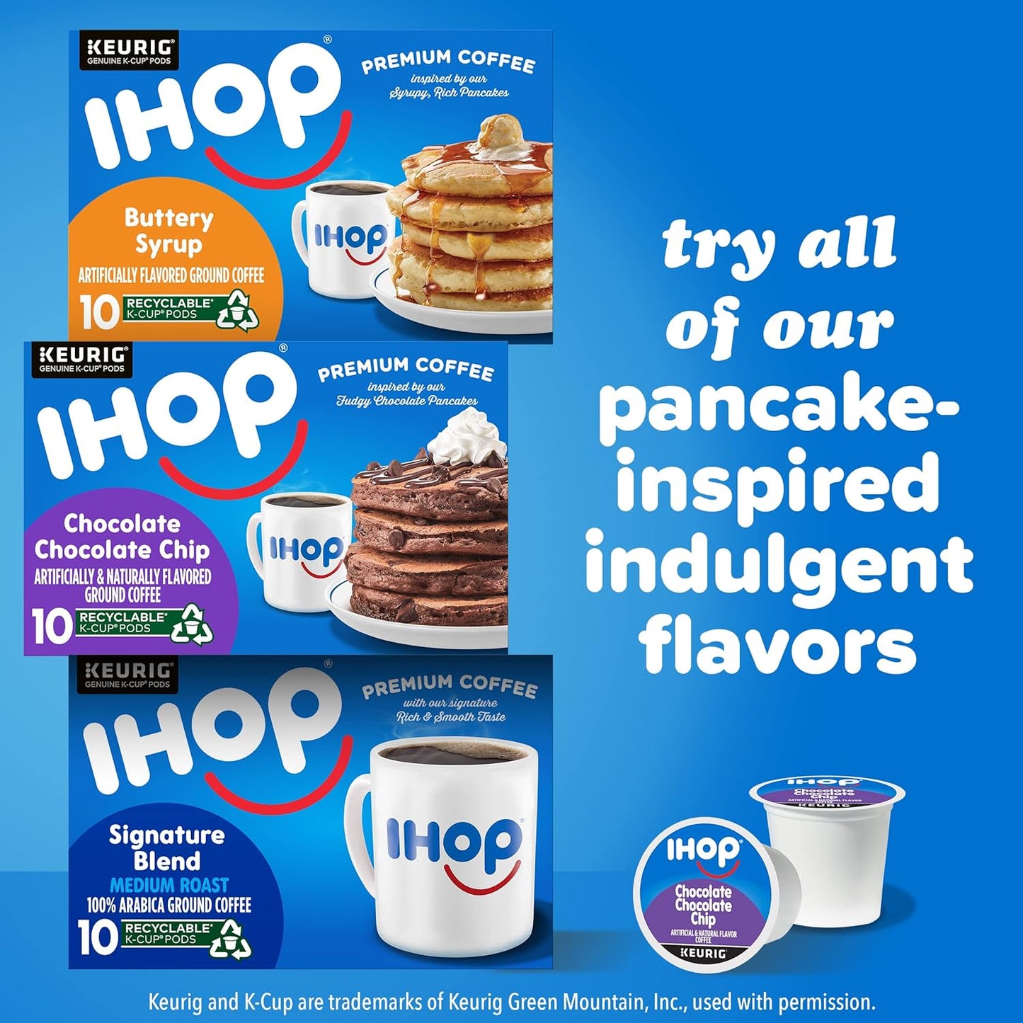 IHOP Chocolate Chip Keurig K-Cup Coffee Pods, IHOP coffee pods 10 count box, chocolate chip flavored coffee pods, IHOP chocolate coffee, recyclable coffee pods, premium Arabica coffee pods, IHOP pancake inspired coffee, single-serve Keurig coffee pods, Kosher certified coffee pods, IHOP menu-inspired coffee