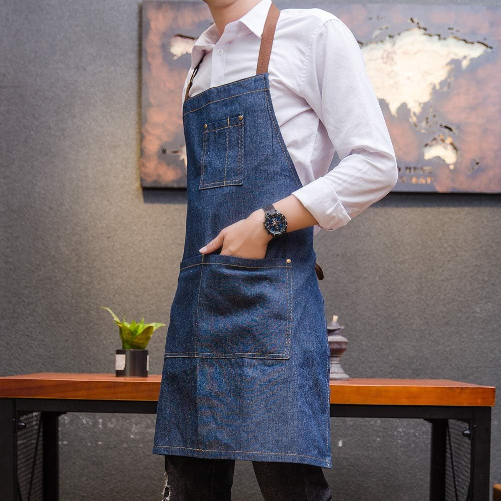 Unisex Denim Apron, Adjustable Barista Apron, Multi Pocket Apron, Sky Blue Apron