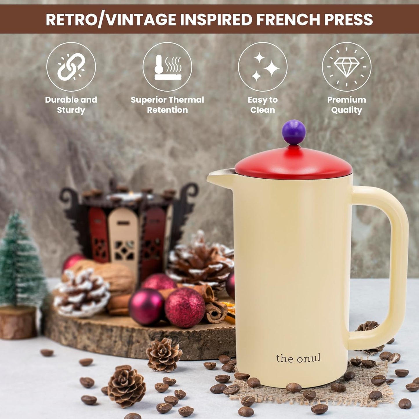 Stainless steel French press coffee maker with double wall insulation and 3-level filtration system, 34 oz capacity