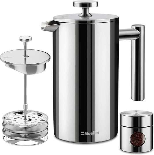 French Press Coffee Maker, 34 Oz, Stainless Steel, 4 Filters, Double Insulated