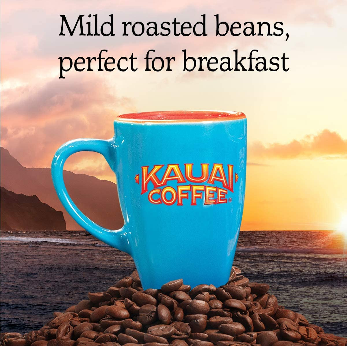 Island Sunrise coffee pods, Hawaiian coffee, Mild roast Keurig K-Cup, Arabica coffee pods, Kauai Coffee Company, 48 count single-serve coffee, Smooth breakfast roast, Eco-friendly coffee pods, Keurig 2.0 compatible, Hawaiian blend single-serve cups.