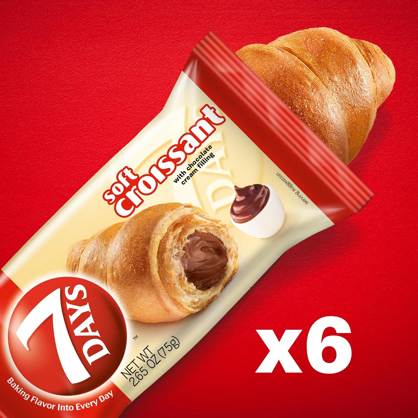 7Days chocolate croissant, individually wrapped pastry, non-GMO breakfast snack, 2.65 oz pack of 6