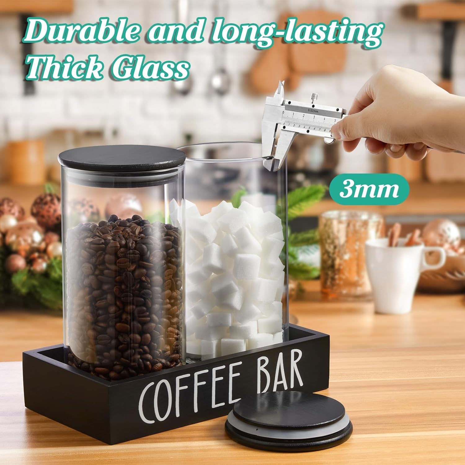 glass coffee canister set, airtight coffee jars, bamboo lid coffee storage, coffee and sugar containers, farmhouse coffee bar accessories