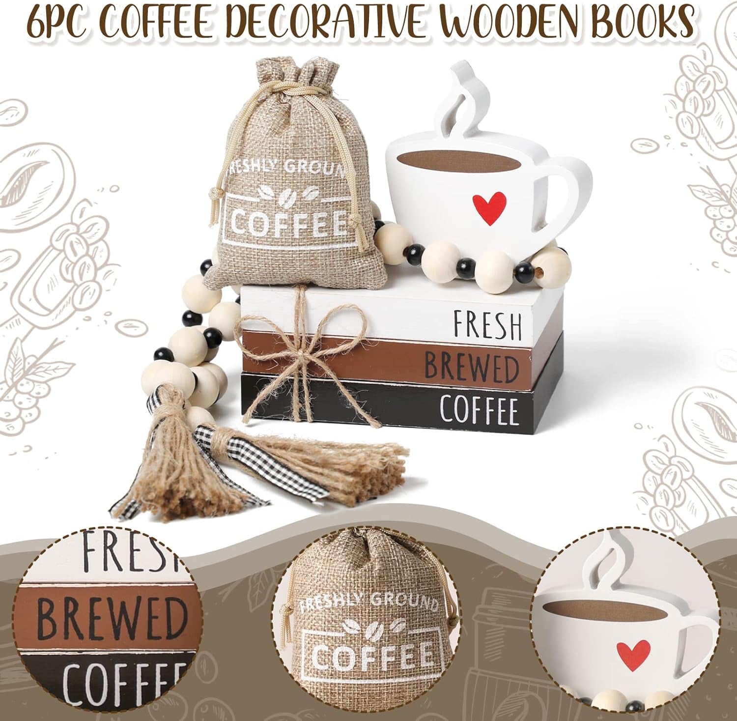 coffee bar decor set, rustic farmhouse coffee accessories, mini coffee table sign, tiered tray decor, wooden book stacks, coffee bar decorations, coffee station decor, high-quality coffee signs, decorative coffee accessories, housewarming gift ideas