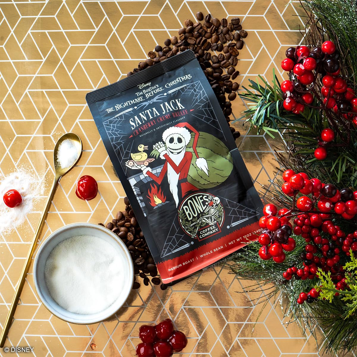 Santa Jack Cranberry Creme Brulee Coffee, medium roast, festive flavor, 12 oz bag, low acid, vegan and keto friendly, Bones Coffee Company.