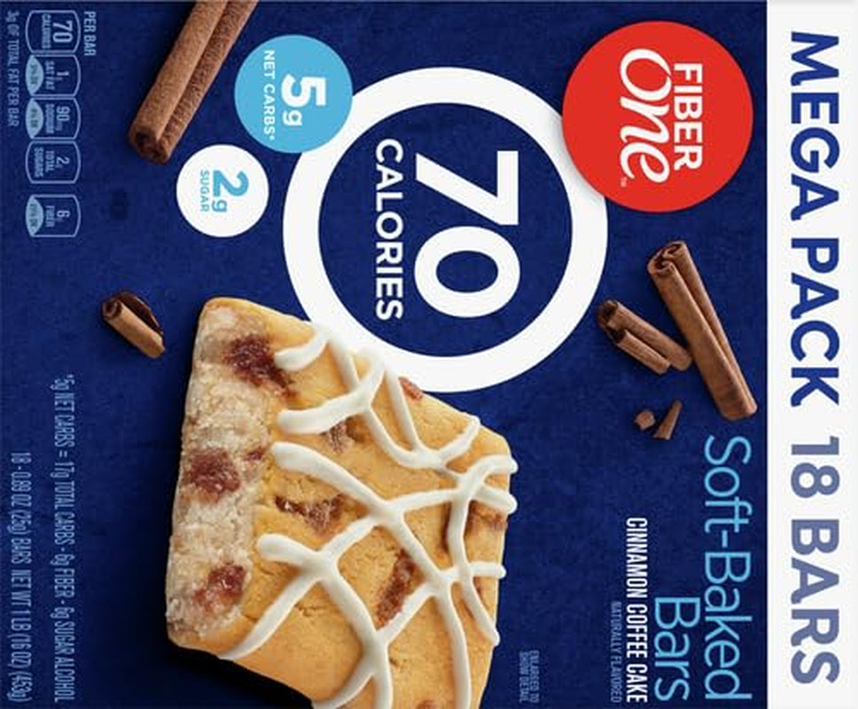 Fiber One Cinnamon Coffee Cake Bars, 70 Calorie Soft-Baked Bars, Healthy Fiber Snacks, Low Calorie Treats, 18 Count Snack Bars