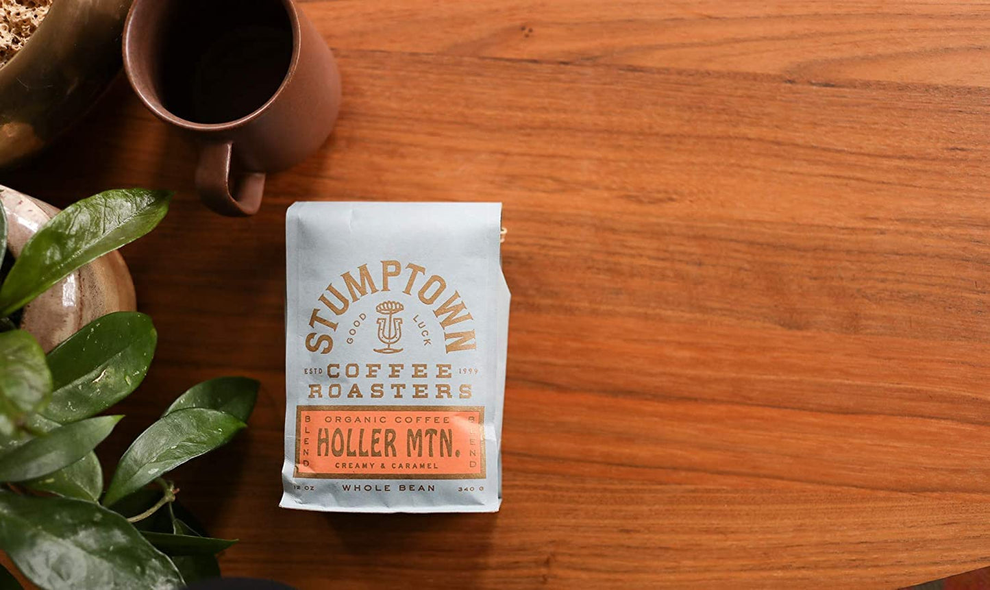 Medium roast organic whole bean coffee, Holler Mountain coffee with citrus, caramel, and hazelnut notes, direct trade Arabica coffee, Stumptown organic coffee bag, 12 oz whole bean coffee.