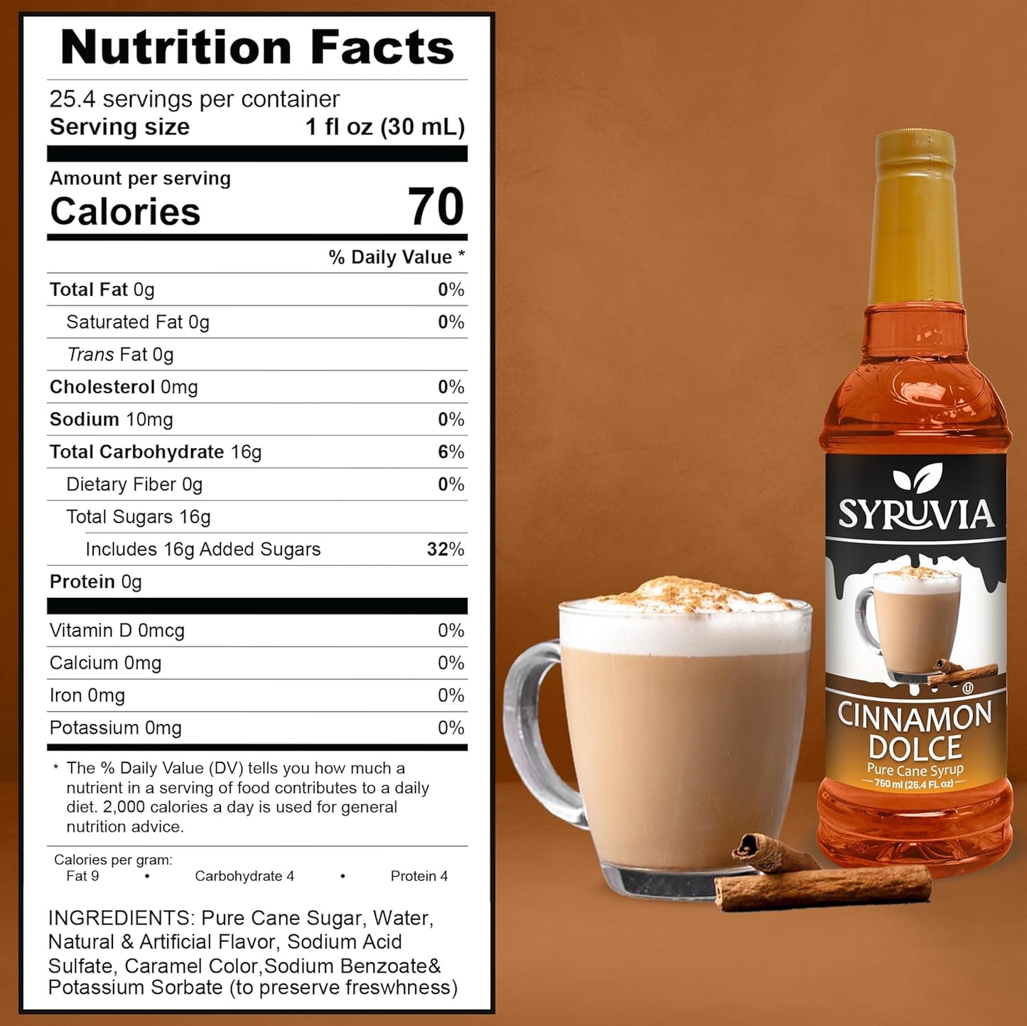 Cinnamon Dolce coffee syrup, Syruvia coffee syrup, 25.4 oz syrup, coffee flavoring syrup, premium coffee syrup