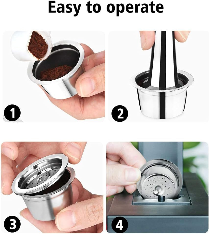 Reusable coffee pods, stainless steel coffee capsules, K-Fee compatible coffee pods, eco-friendly coffee pods, refillable coffee capsules, durable coffee pods, cost-effective coffee solution, coffee capsule accessories