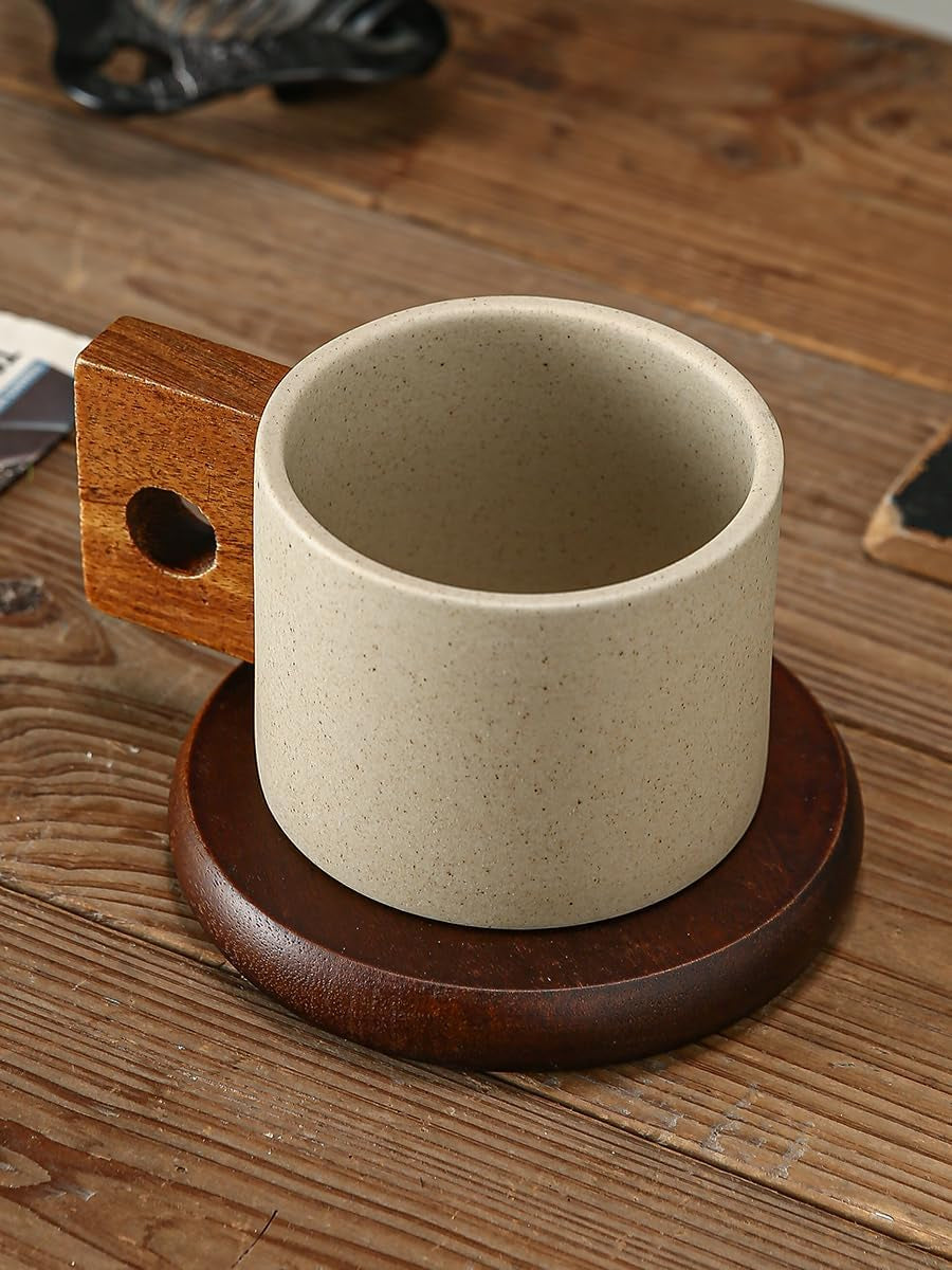 Ceramic coffee mug with wooden handle, espresso cup with acacia wooden saucer, unglazed porcelain coffee mug, natural earthy finish coffee cup, cappuccino mug set, latte cup with wooden saucer, premium ceramic coffee cup, coffee lover gift set.