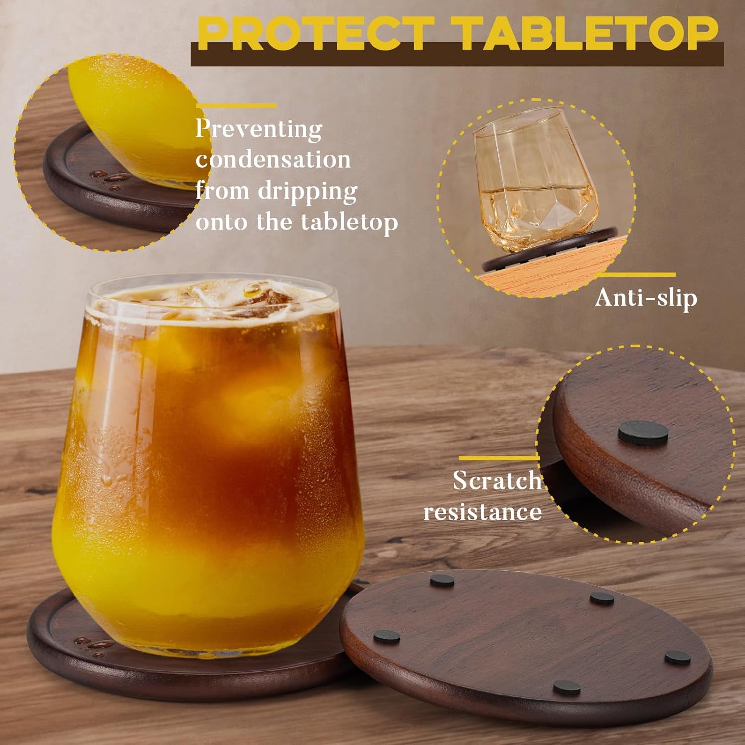 Wood Drink Coasters with Metal Holder, 4 Inch Walnut Wood Coasters, Non-Slip Drink Coasters, Eco-Friendly Coaster Set