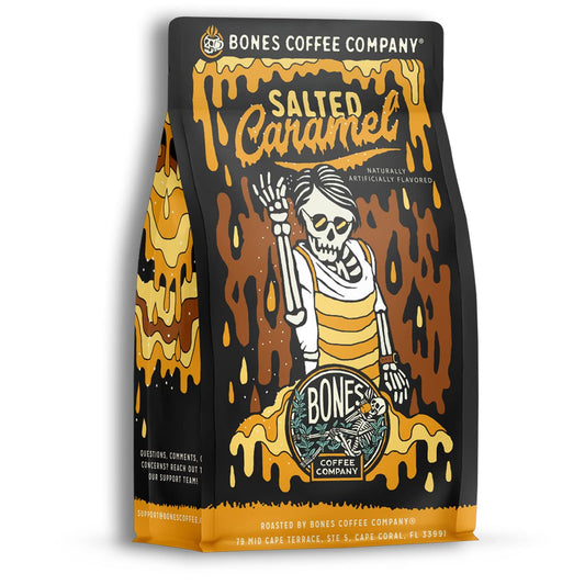 Salted Caramel Flavored Ground Coffee, medium roast, sweet and salty flavor, 12 oz bag, low acid, vegan and keto friendly, Bones Coffee Company.