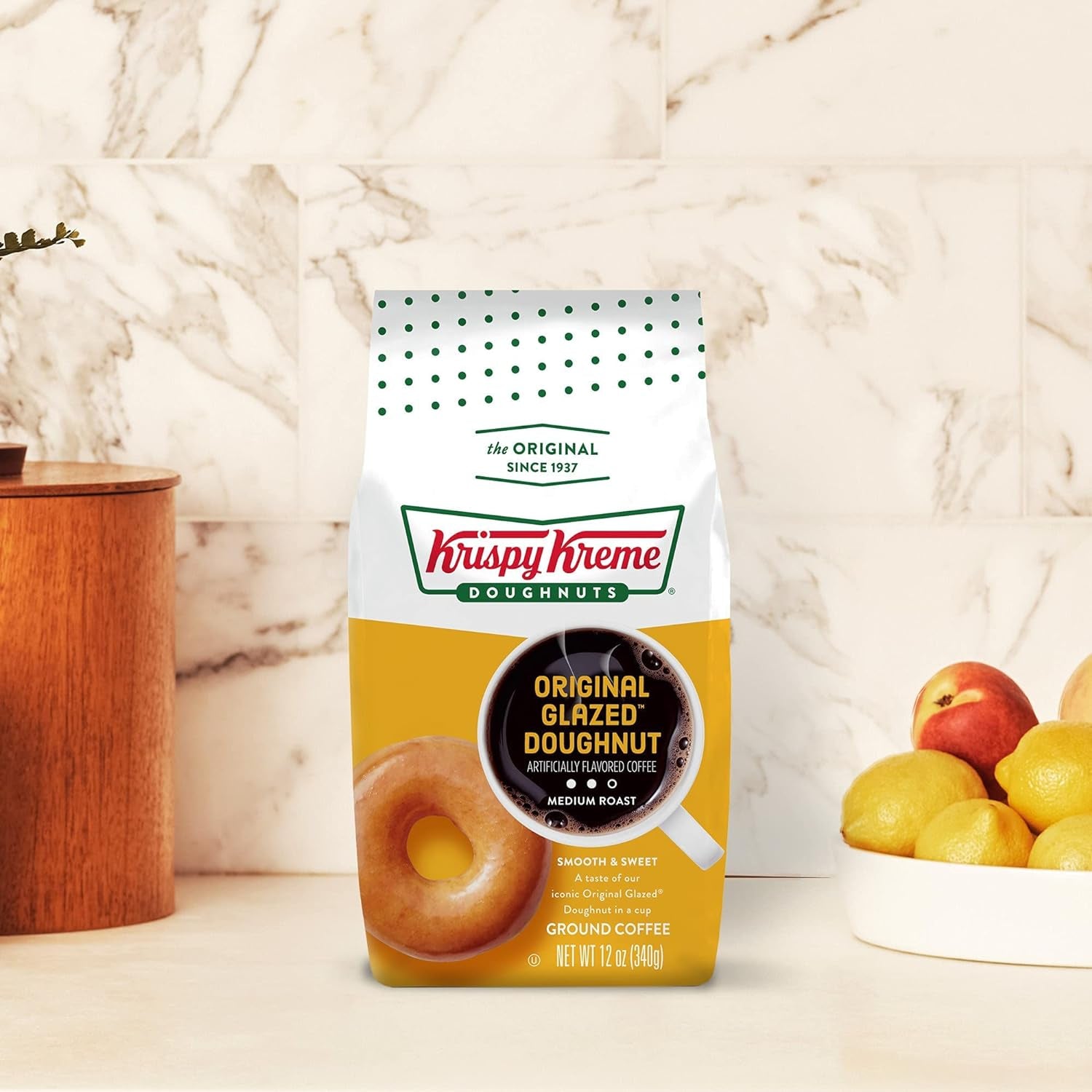 Original Glazed Donut Ground Coffee, medium roast, sweet and smooth flavor, 12 oz bag, Krispy Kreme coffee, iconic doughnut taste, kosher certified.