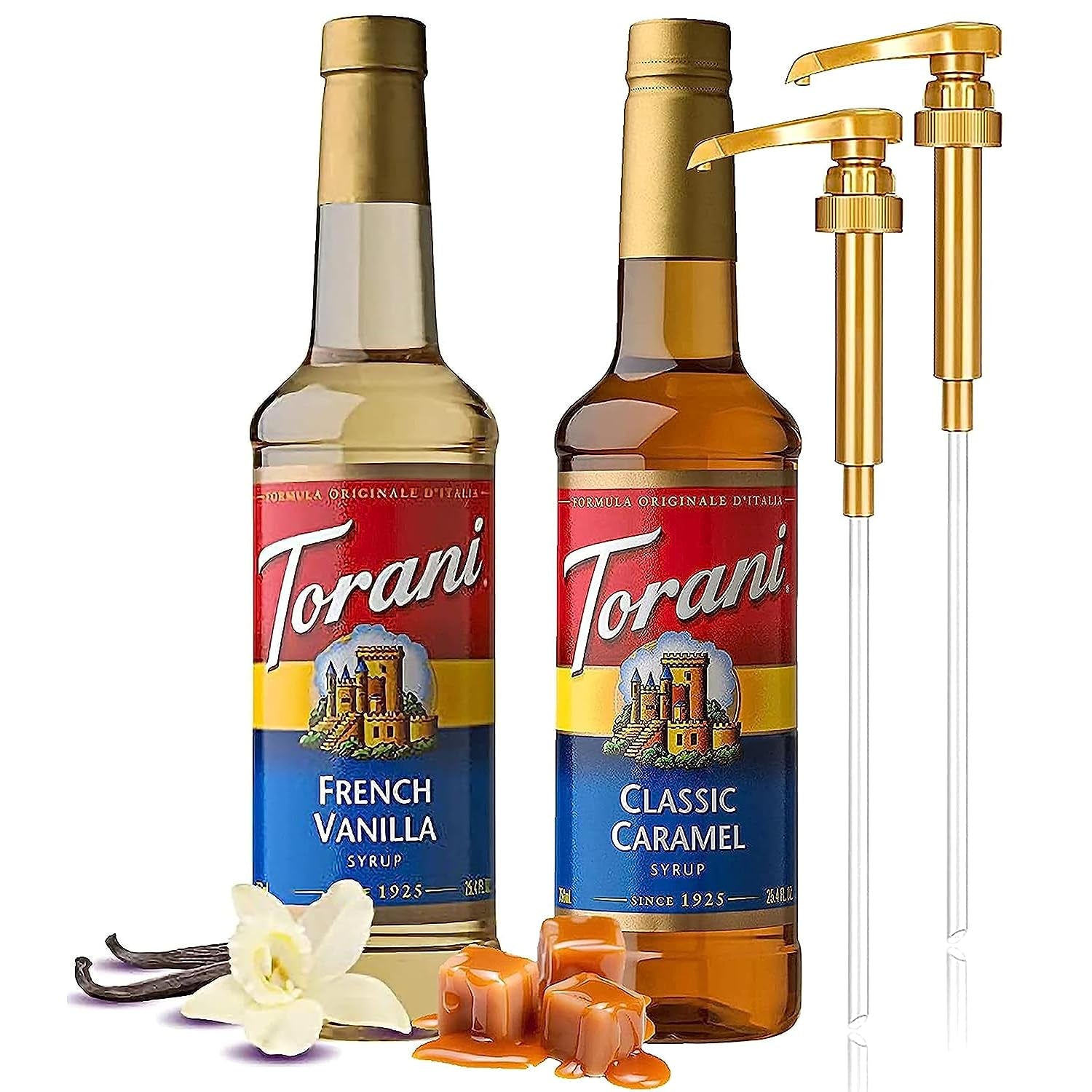 Torani coffee syrup variety pack, French Vanilla syrup, Classic Caramel syrup, coffee syrup pump dispenser, flavored coffee syrup set