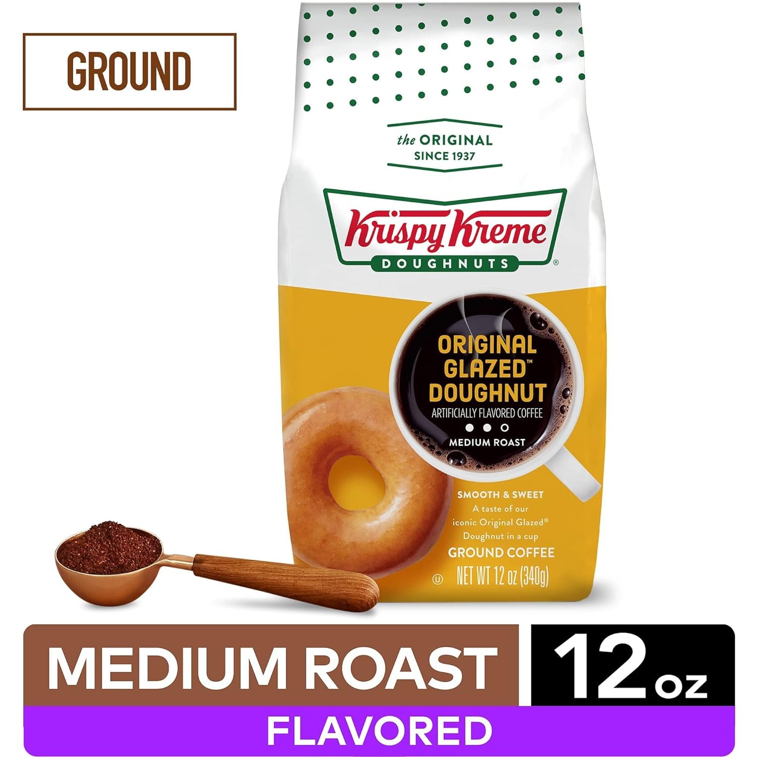 Original Glazed Donut Ground Coffee, medium roast, sweet and smooth flavor, 12 oz bag, Krispy Kreme coffee, iconic doughnut taste, kosher certified.