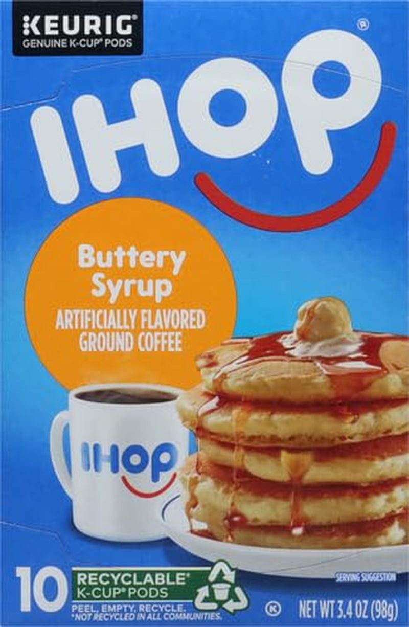 IHOP Buttery Syrup Keurig K-Cup Coffee Pods, IHOP coffee pods 10 count box, buttery syrup flavored coffee pods, IHOP syrup coffee, recyclable coffee pods, premium Arabica coffee pods, IHOP pancake inspired coffee, single-serve Keurig coffee pods, Kosher certified coffee pods, IHOP menu-inspired coffee