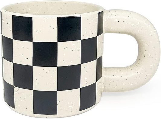 Ceramic coffee mug with checkerboard design, round handle mug, 12 oz ceramic tea cup, microwave safe coffee mug, dishwasher safe black and white mug, modern ceramic coffee cup, unique coffee gift mug, fat handle coffee mug.