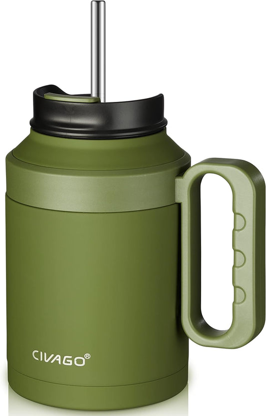 Insulated Tumbler, 50 Oz Travel Mug, Stainless Steel Water Bottle, Army Green Tumbler, Double Wall Tumbler, Tumbler with Lid and Straw, Vacuum Insulated Mug, Travel Coffee Mug with Handle, Large Capacity Tumbler