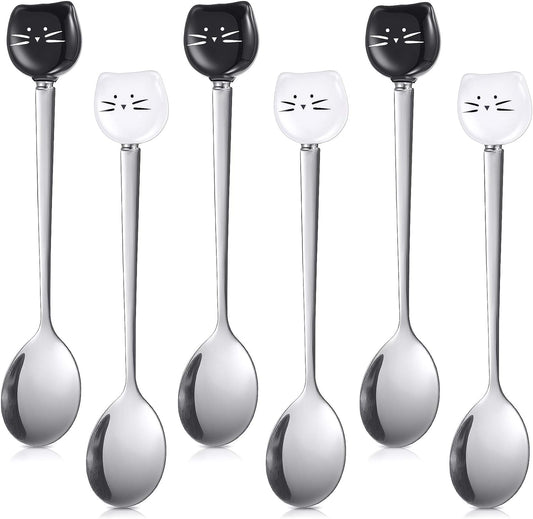 cat coffee spoons, cute stainless steel spoons, ceramic cat head spoons, coffee stirring spoons, tea and dessert spoons, black and white cat spoons, durable cat spoons, cat lover gifts, 5.5 inch cat spoons