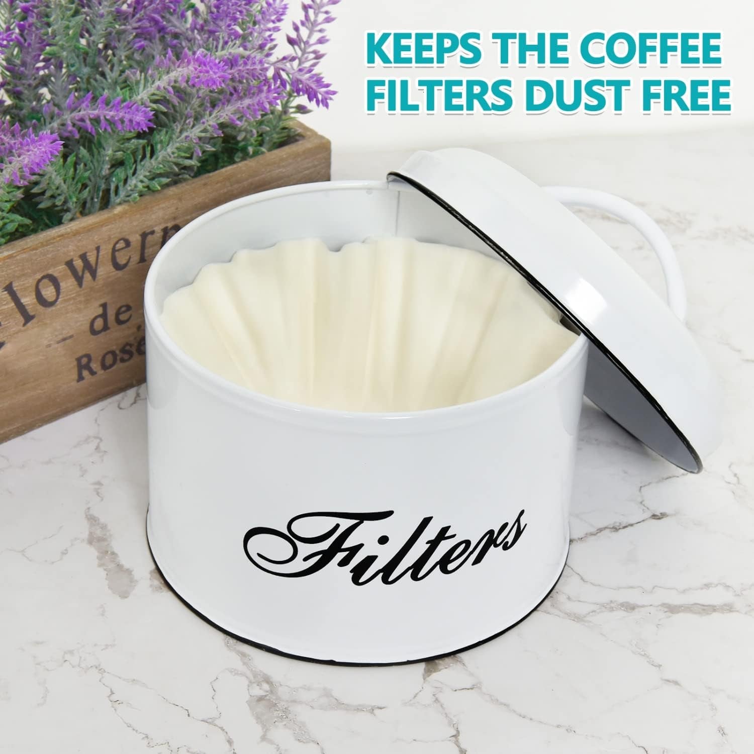 rustic coffee filter holder, white coffee filter storage, galvanized steel coffee holder, farmhouse coffee bar decor, round coffee filter container, kitchen coffee accessories