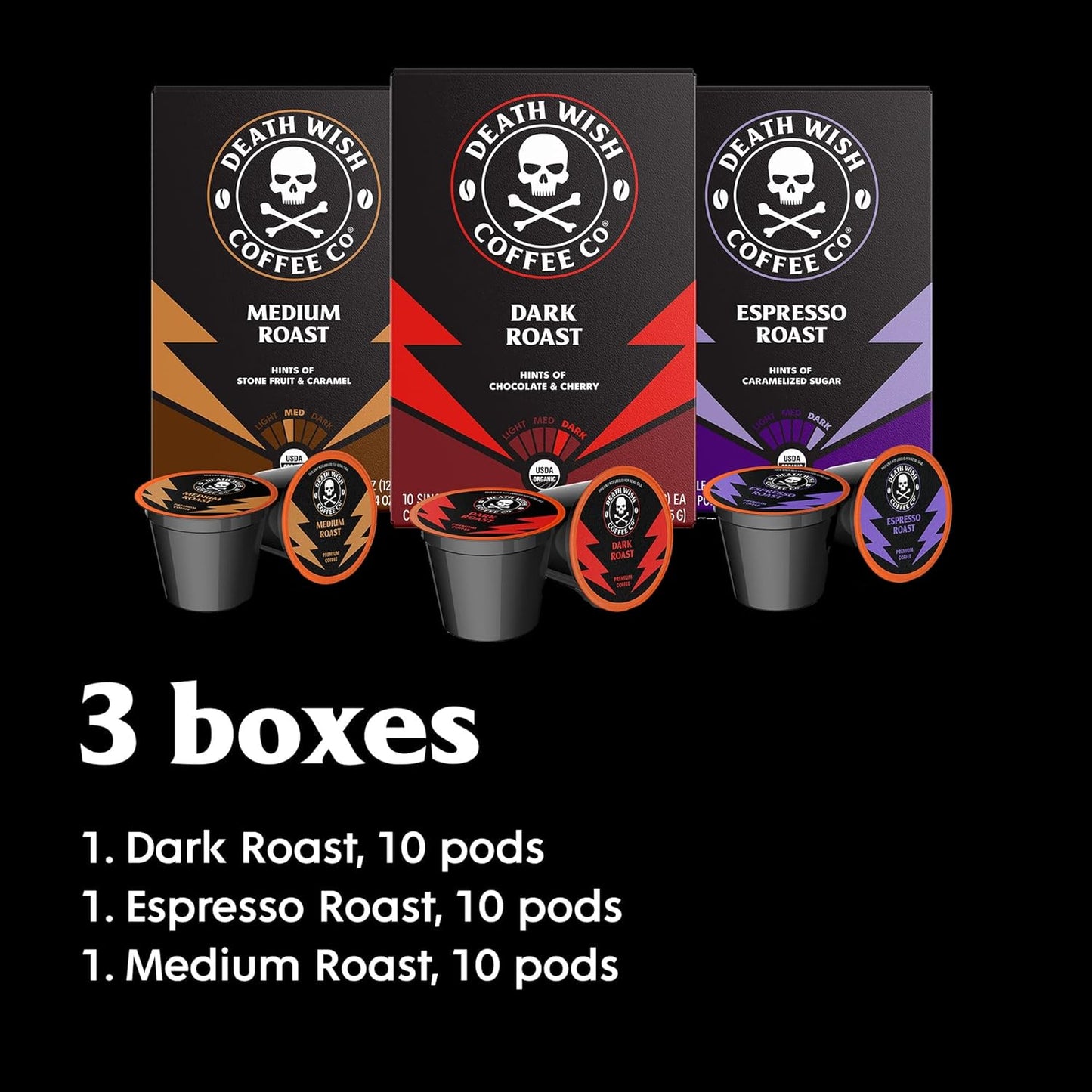 Single Serve Coffee Variety Pack, Extra Kick of Caffeine, Medium, Dark, Espresso Roast, 10 Each