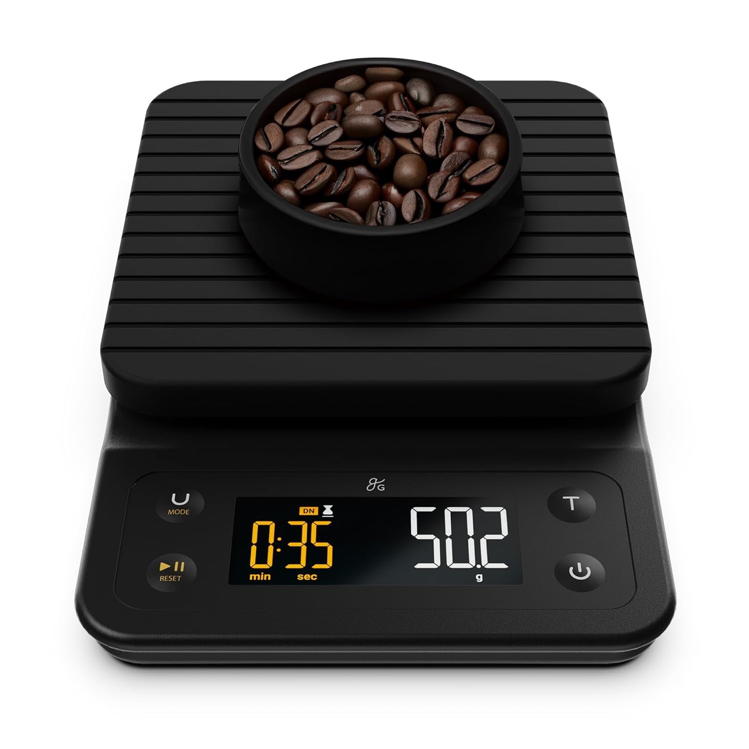 Digital coffee scale with timer in onyx black, perfect for pour-over coffee, featuring real-time refresh, tare function, and spill-proof design.