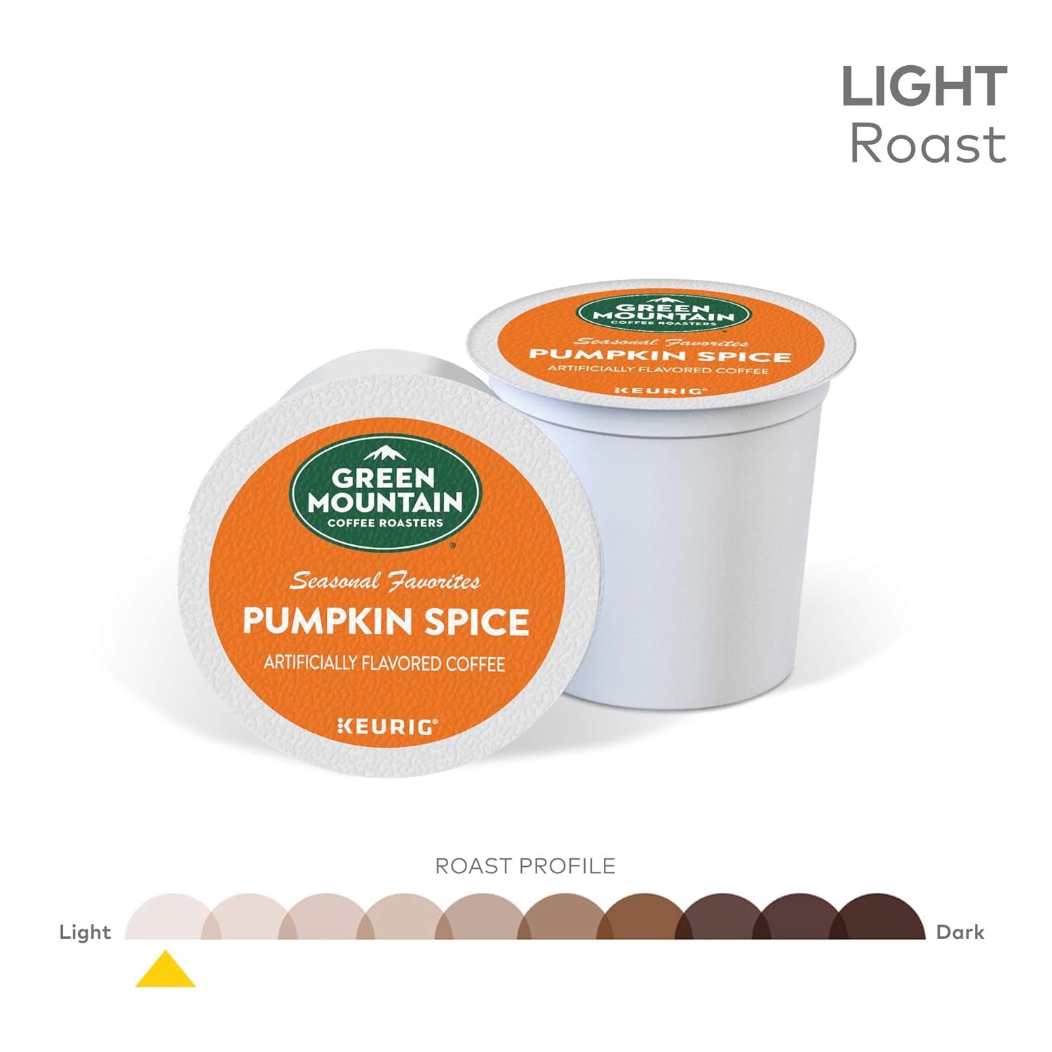 Green Mountain Pumpkin Spice K-Cup pods, 32 count, light roast coffee with cinnamon and nutmeg flavors, compatible with Keurig coffee makers.






