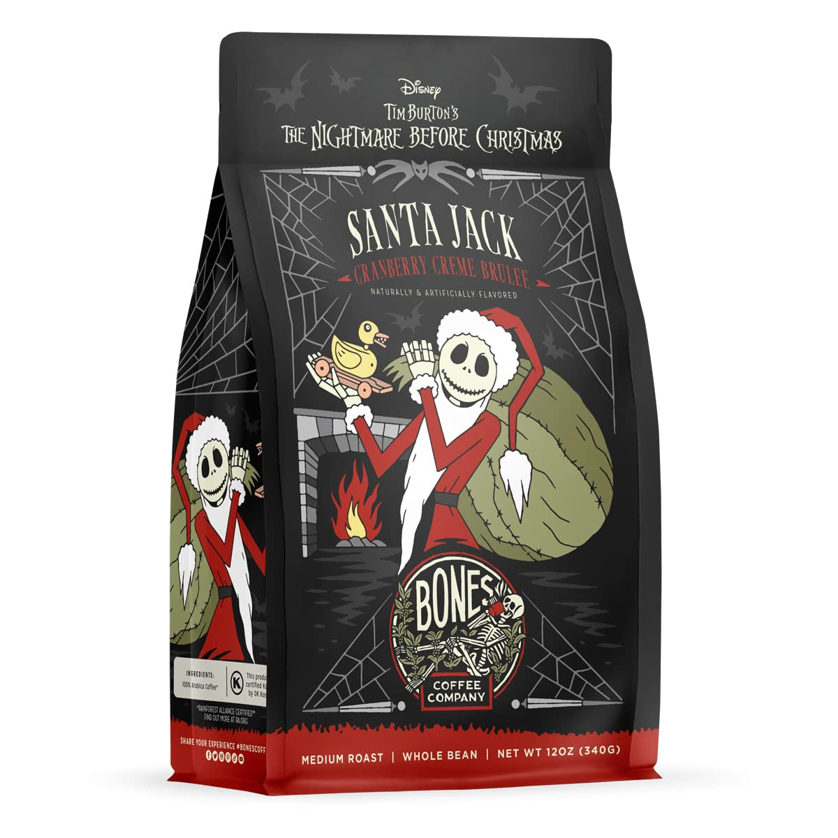 Santa Jack Cranberry Creme Brulee Coffee, medium roast, festive flavor, 12 oz bag, low acid, vegan and keto friendly, Bones Coffee Company.