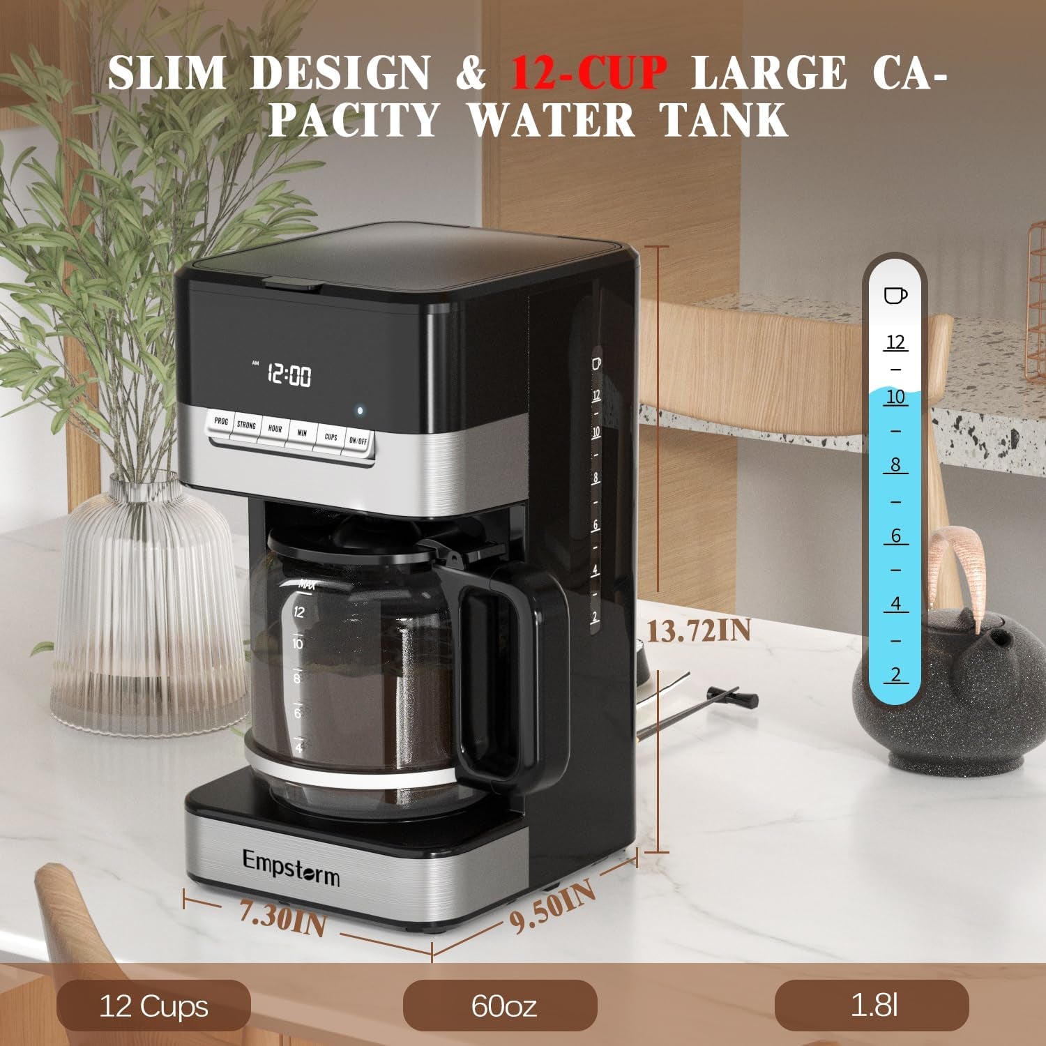 12 cup programmable coffee maker, 1000W coffee machine, fast brew coffee maker, auto shut off coffee maker, 4-hour keep warm coffee maker, anti-drip coffee machine