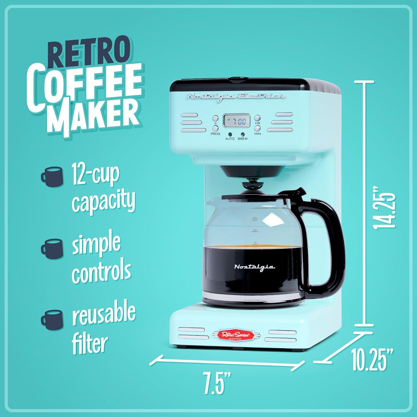 Retro Coffee Maker, 12-Cup Coffee Machine, Programmable Coffee Maker, Aqua Coffee Maker, Coffee Maker with LED Display