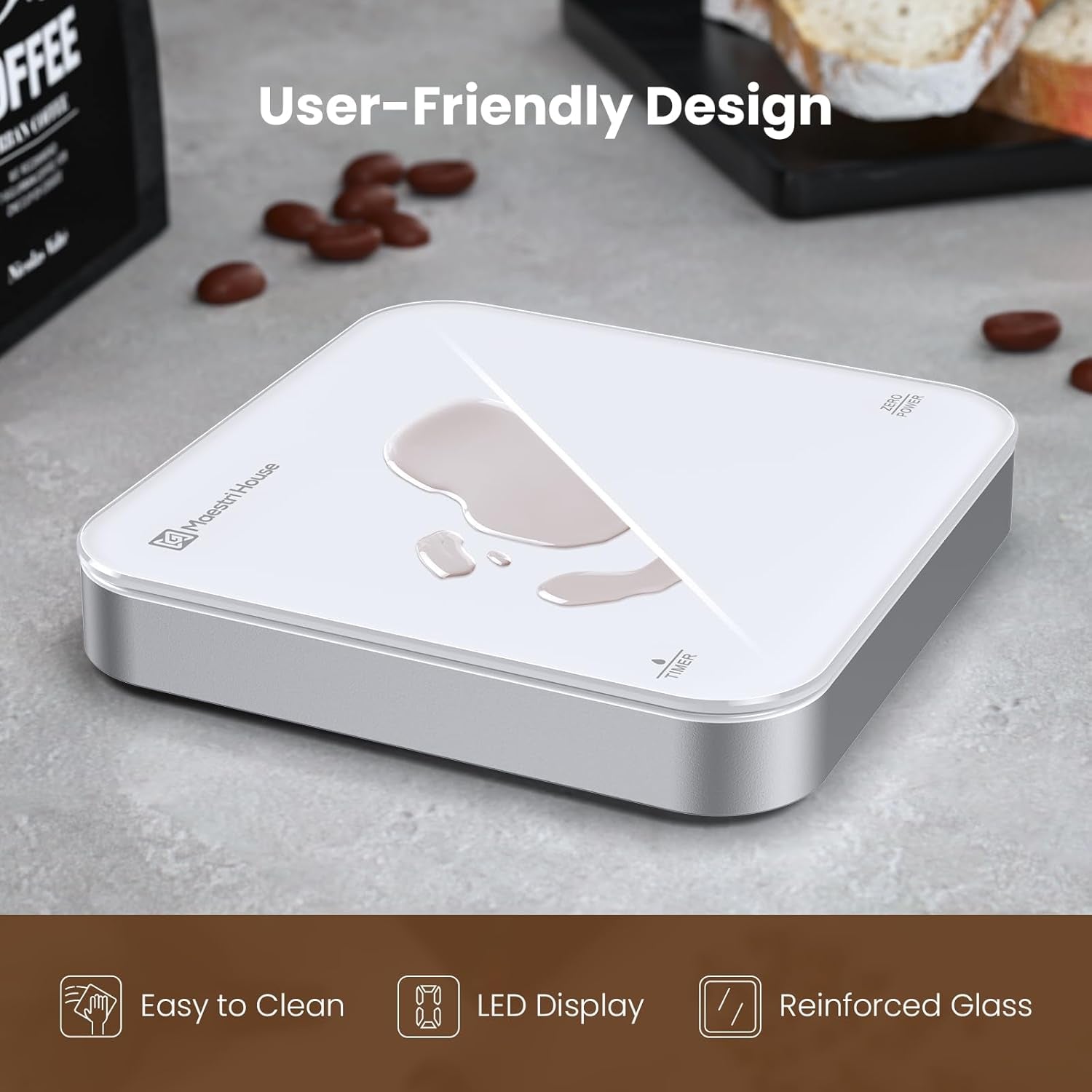  Rechargeable mini coffee scale with timer, portable espresso and pour-over scale, white and silver, 0.1g high precision, three units, dual timekeeping modes.