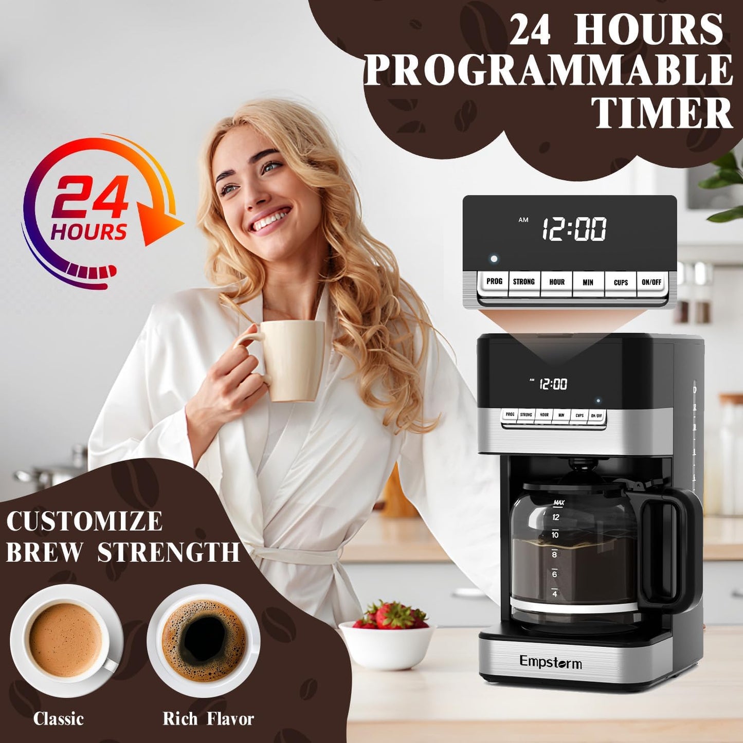 12 cup programmable coffee maker, 1000W coffee machine, fast brew coffee maker, auto shut off coffee maker, 4-hour keep warm coffee maker, anti-drip coffee machine