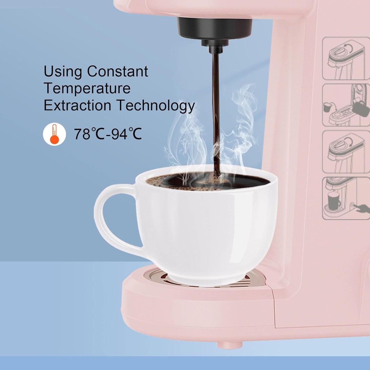 Single Serve Coffee Maker, Pink Coffee Maker, Reusable Filter Coffee Brewer, Compact Coffee Machine, K Pod Coffee Maker