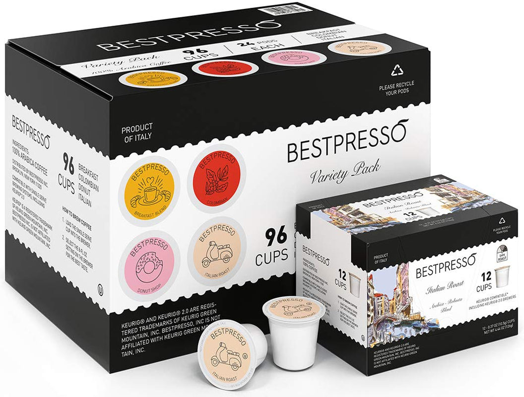 Coffee Variety Pack, 96 single-serve K-Cup pods compatible with Keurig 2.0 brewers, includes Breakfast Blend, Colombian, Donut Shop, and Italian Roast