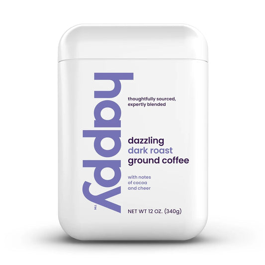 Happy Coffee Dark Roast Ground Coffee in a 12 oz recyclable container, featuring rich notes of cocoa, grown and harvested in Brazil, Rwanda, and Colombia, supporting mental health through NAMI.