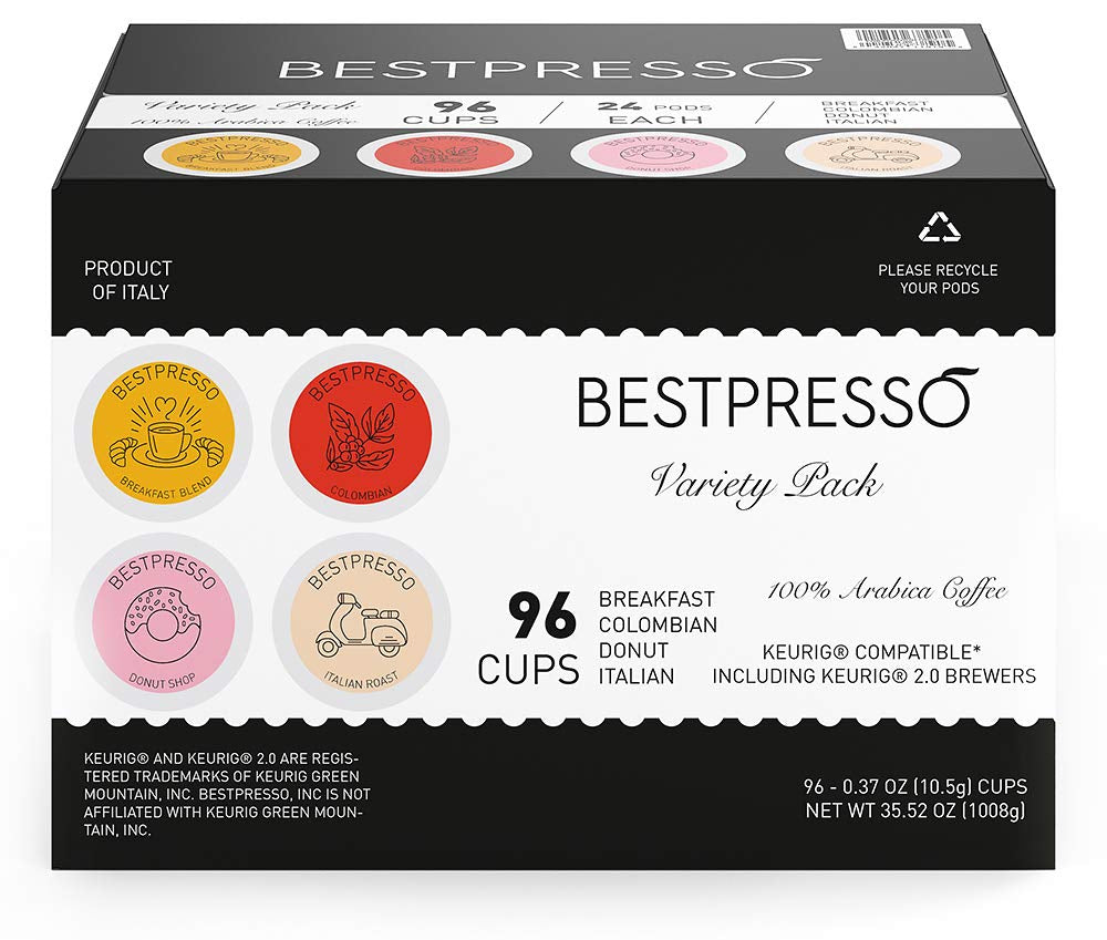 Coffee Variety Pack, 96 single-serve K-Cup pods compatible with Keurig 2.0 brewers, includes Breakfast Blend, Colombian, Donut Shop, and Italian Roast