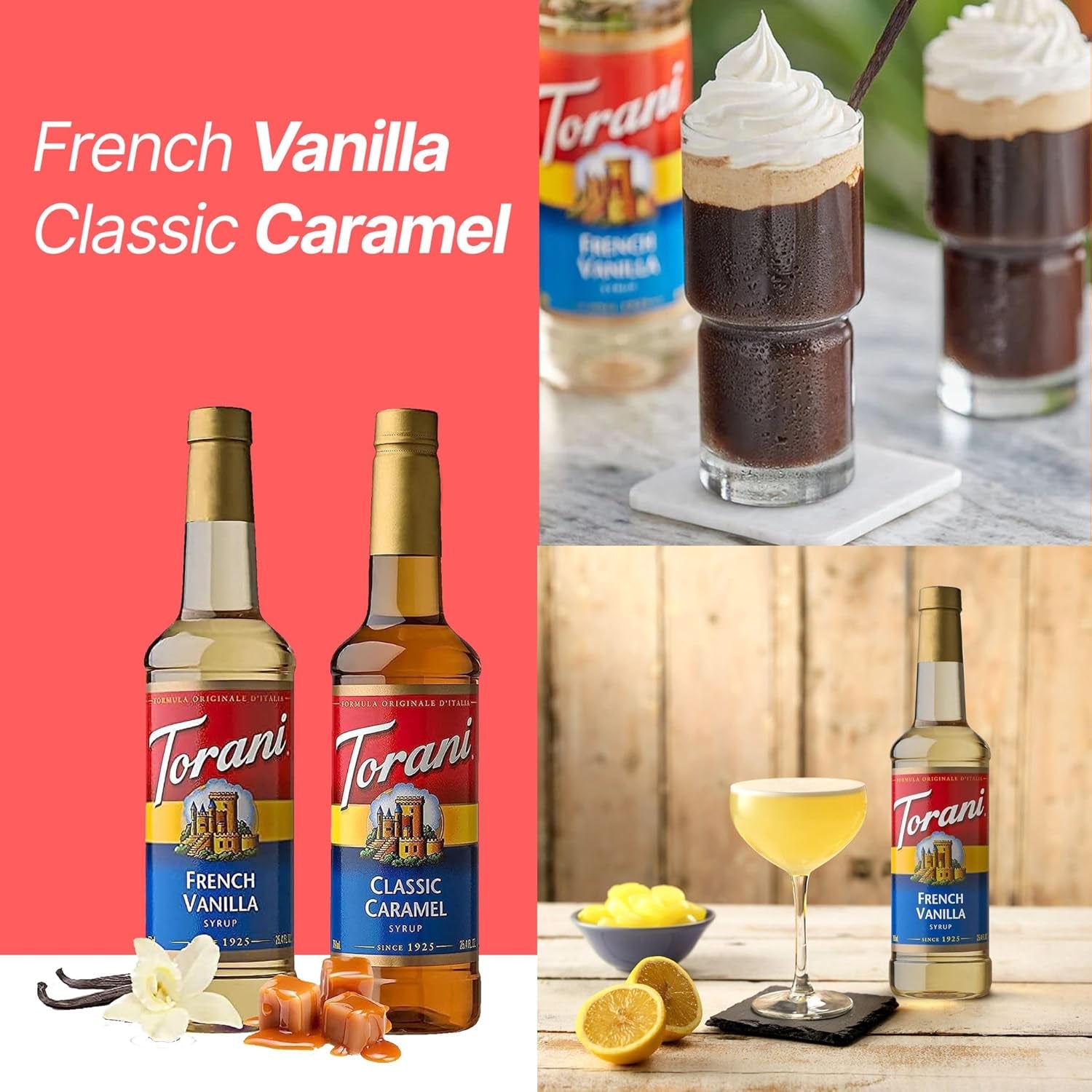 Torani coffee syrup variety pack, French Vanilla syrup, Classic Caramel syrup, coffee syrup pump dispenser, flavored coffee syrup set