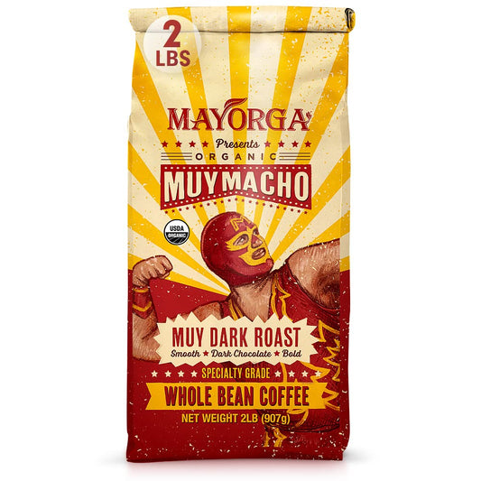 Intense dark roast coffee beans, Muy Macho blend coffee, organic Arabica whole beans, bold flavor coffee, Mayorga coffee 2 lb bag, specialty grade dark roast, direct trade coffee, non-GMO coffee beans.