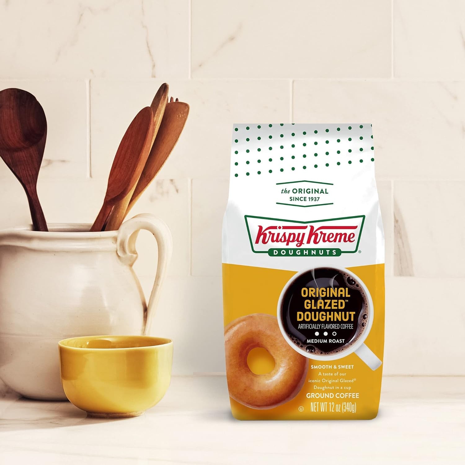 Original Glazed Donut Ground Coffee, medium roast, sweet and smooth flavor, 12 oz bag, Krispy Kreme coffee, iconic doughnut taste, kosher certified.