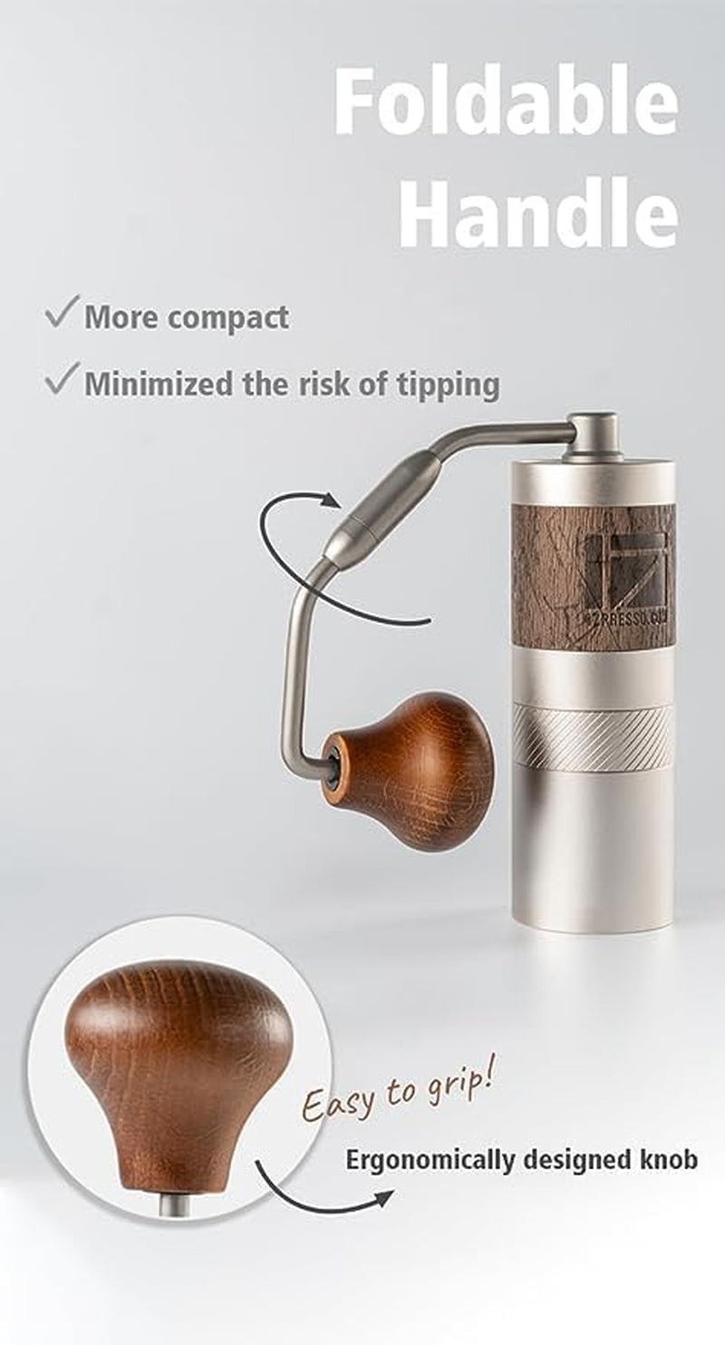 Mini Slim Travel Size Manual Coffee Grinder, compact manual coffee grinder, portable coffee grinder, foldable handle coffee grinder, lightweight travel coffee grinder, dual bearing coffee grinder, adjustable grind settings coffee grinder, easy to clean manual coffee grinder, premium manual coffee grinder, travel-friendly coffee grinder