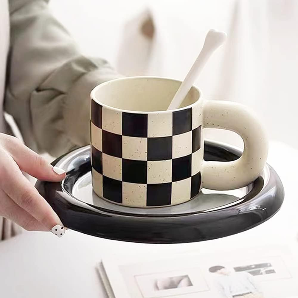 Ceramic coffee mug with checkerboard design, round handle mug, 12 oz ceramic tea cup, microwave safe coffee mug, dishwasher safe black and white mug, modern ceramic coffee cup, unique coffee gift mug, fat handle coffee mug.