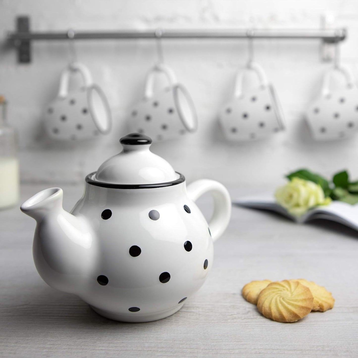 Ceramic 26 Oz Teapot, White & Black Polka Dot Teapot, Handcrafted Teapot, Blooming and Loose Tea Teapot, Microwave Safe Teapot