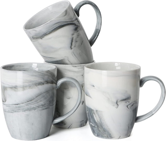 Marble coffee mugs, 14 oz ceramic mugs, gray marble mugs, unique marbleized pattern mugs, dishwasher safe mugs, microwave safe mugs, large handle coffee mugs, gift set coffee mugs