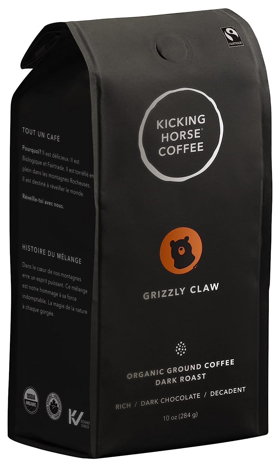 Grizzly Claw Dark Roast Ground Coffee, 10 Oz - Certified Organic, Fairtrade, Kosher, with rich dark chocolate and roasted hazelnut flavors