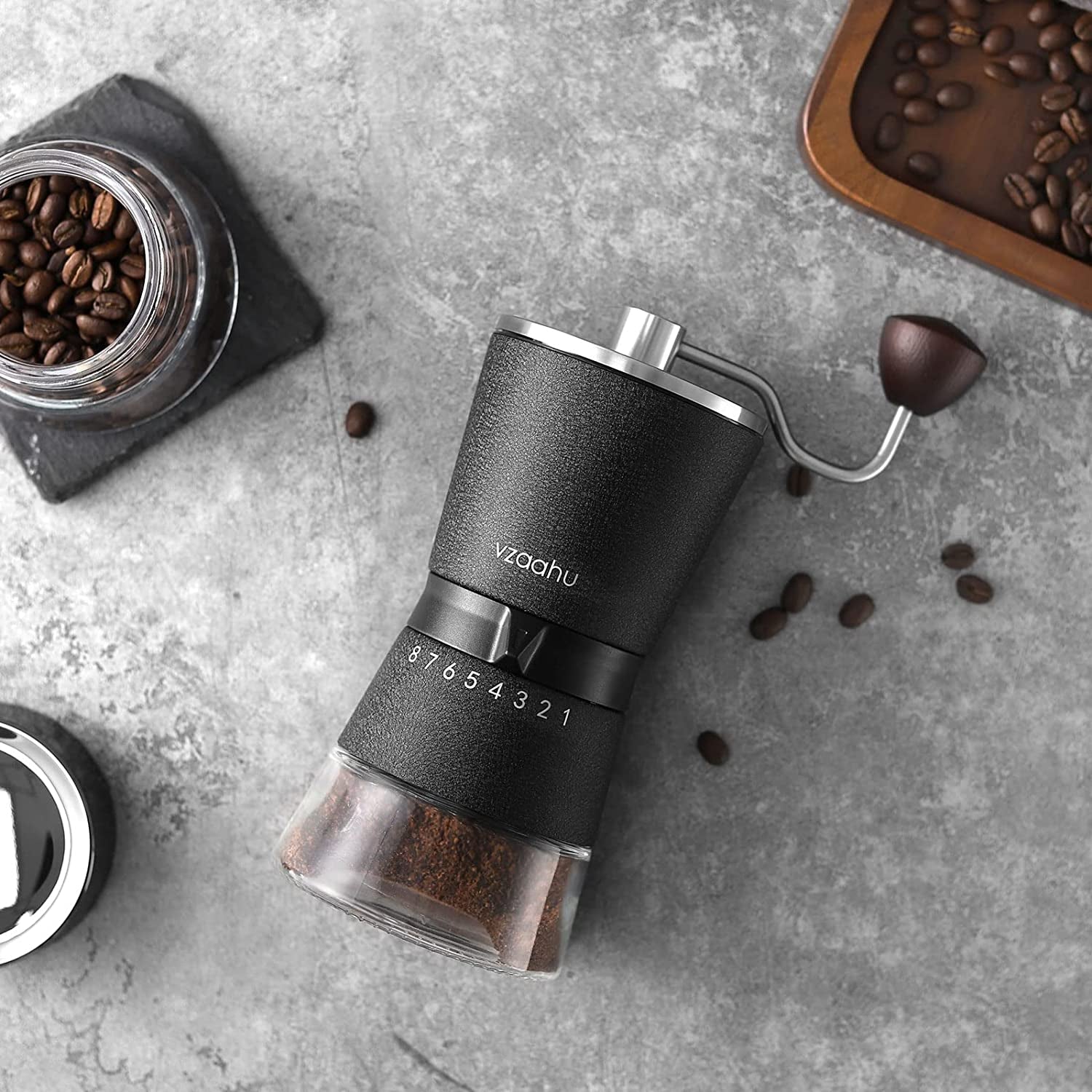 Manual Coffee Grinder, Stainless Steel Conical Burr Grinder, Black Rock Texture Coffee Grinder, Adjustable Grind Settings, Portable Coffee Grinder, Quiet Coffee Grinder, Travel Coffee Grinder, Hand Coffee Grinder with Glass Jars